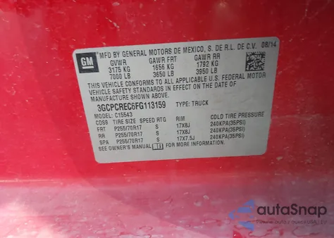 2015 Chevrolet Silverado 1500 1Lt from USA, damaged, VIN 3GCPCREC6FG113159